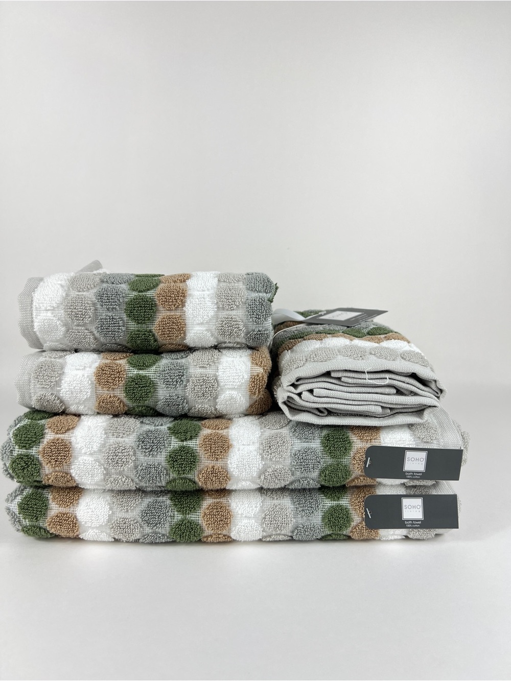 Soho Living Bath Towel Set Dots and Stripes Green Tan White 100% Cotton 6 Pc NEW